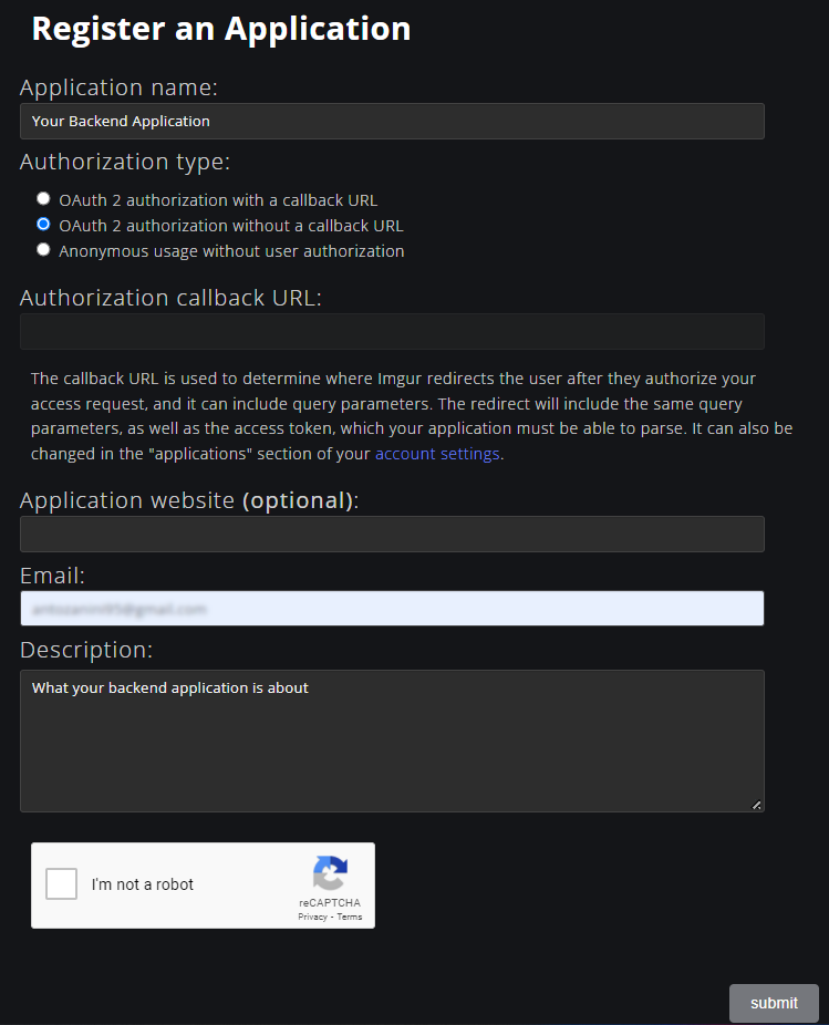 Registering an application on Imgur